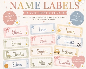 Editable Kids Name Labels | School & Lunchbox Labels | Pastel Canva Template | Digital Download