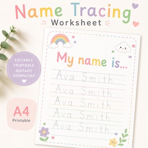Puede incluir: Una hoja de trabajo para practicar la escritura de nombres con el texto My name is y el nombre Ava Smith en líneas punteadas. La página incluye ilustraciones coloridas de un arcoíris, una nube sonriente, una flor y una estrella.