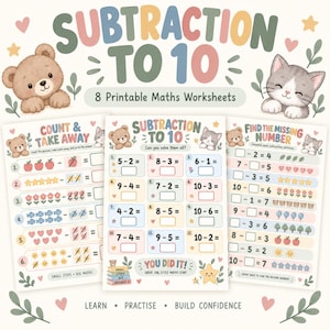 May include: A set of 8 printable math worksheets titled Subtraction to 10, featuring illustrations of a brown bear and a gray kitten. The pages include count and take away exercises, subtraction problems, and find the missing number activities.