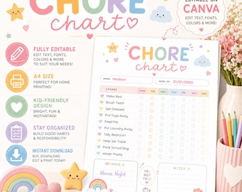 Editable Kids Chore Chart Canva Template | Pastel Routine Tracker | Printable Reward Chart PDF | Instant Download