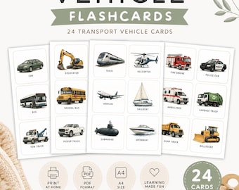 Vehicle Flashcards Printable | 24 Transportation Cards | Montessori Toddler Learning Activity | Preschool PDF | Instant Download A4