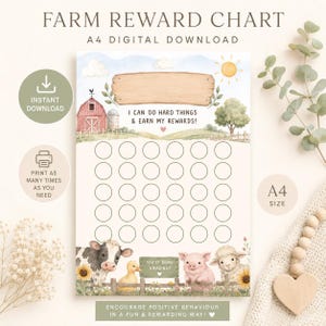 Op de afbeelding: Een beloningskaart met boerderijthema, voorzien van een aquarelillustratie van een rode schuur, een koe, een varken, een schaap en een eend. De kaart bevat een houten bord met de tekst I CAN DO HARD THINGS & EARN MY REWARDS! en een cirkelraster.