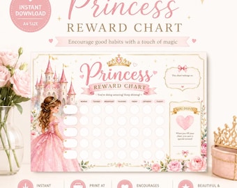 Princess Reward Chart Printable | Pink Behavior Chart for Girls | Kids Chore Chart PDF | Classroom Reward Tracker | Instant Download A4