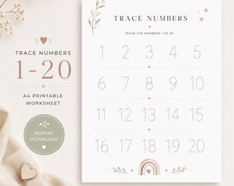 Trace Numbers 1-20 Worksheet Printable | Preschool Number Tracing Activity | Kindergarten Math Practice | Homeschool PDF Download