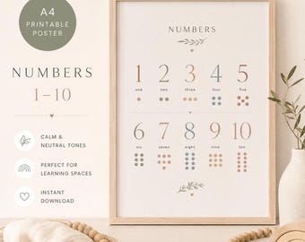 Neutral Numbers 1-10 Poster | A4 Printable Number Wall Art | Montessori Nursery Decor | Homeschool Learning Printable