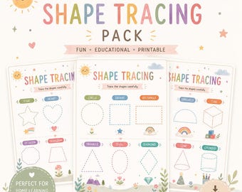 Shape Tracing Worksheets Printable | Preschool Shapes Activity Pack | Fine Motor Skills | Kindergarten Learning | 3 A4 PDF Pages