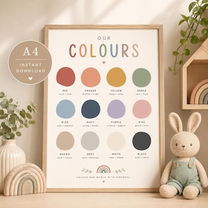 Puede incluir: Una lámina educativa enmarcada titulada OUR COLOURS que presenta doce muestras de color circulares en rojo, naranja, amarillo, verde, azul, marino, morado, rosa, marrón, gris, blanco y negro, cada una con texto descriptivo y un arcoíris.