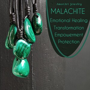Close-up of multiple polished irregular Malachite in shades of vivid green and deep forest green, hanging against a dark textured wooden background. The green opaque gemstones have smooth glossy surfaces with distinct banded patterns, concentric rings, and flowing lines, with varied shapes and layered green formations visible. It is attached to a black cord with a top knot and adjustable knot closure. The image includes the text Malachite Emotional Healing Transformation Empowerment Protection.