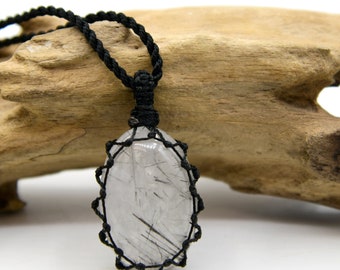 Tourmalated Clear Quartz Crystal Necklace, Tourmalinated Quartz Jewelry, Black Pendant, Spiritual Healing Men Necklace,