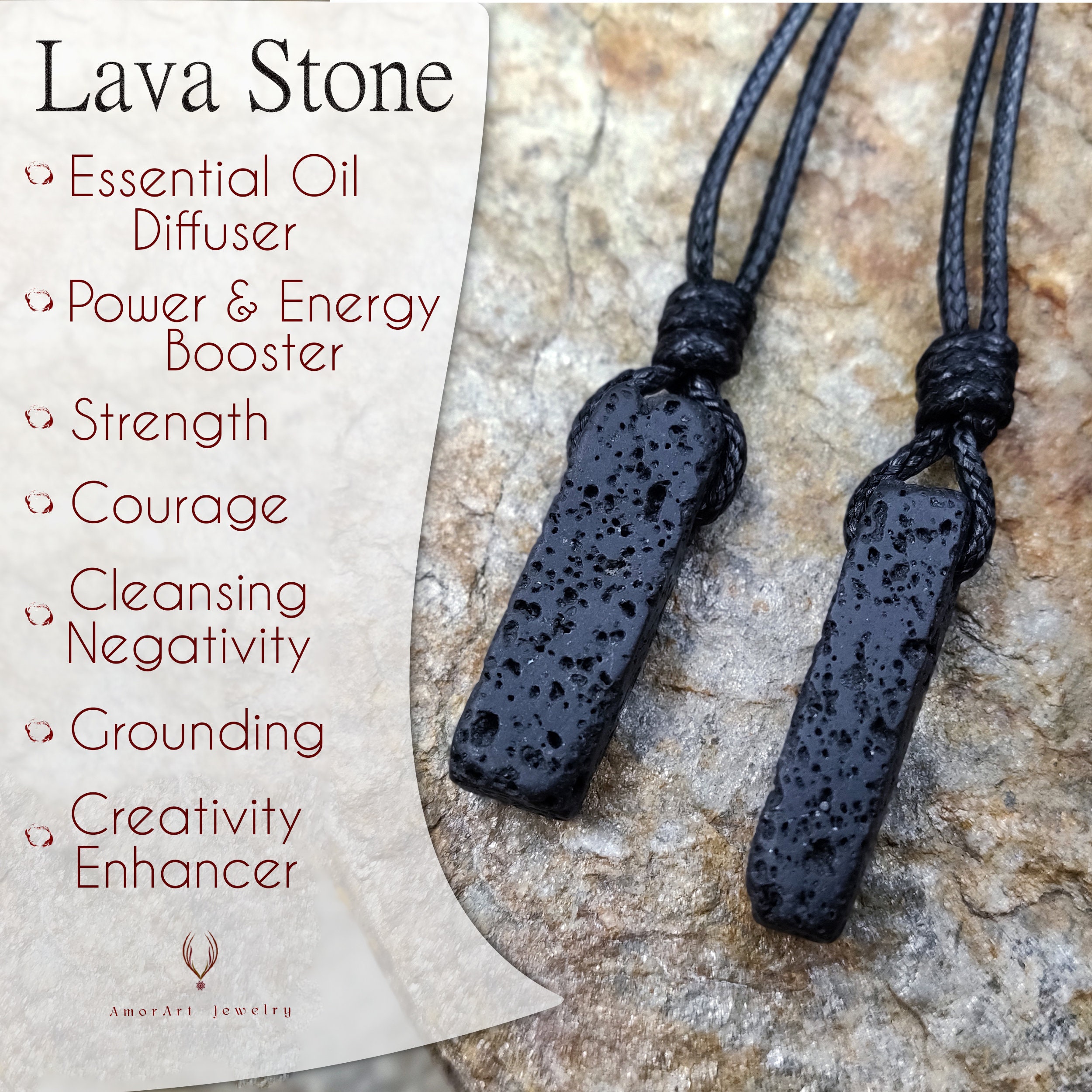 Dark Brown Wood & Stone Necklace with Black Lava Rock – Seyyah