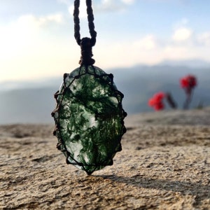 Moss Agate Necklace, Botanical & Nature Jewelry, Unique Stone Pendant, Macrame Crystal Jewelry, New Beginnings Gift for Him and Her