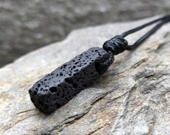 Black Lava Stone Necklace for Women and Men, Layered Necklace, Raw Stone Pendant, Viking Necklace, Essential Oil Necklace Diffuser