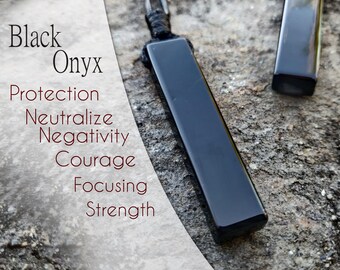 Black Onyx Pendant, Long Black Necklace for Men, Protection Jewelry Boyfriend Birthday Gift / 7th Anniversary Gift / Leo Gifts