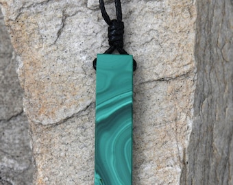 Everyday Bar Necklace with Green Malachite Pendant and Adjustable Black Cord, Raw Mineral Stone Jewelry, Nature Gift for Him and Her