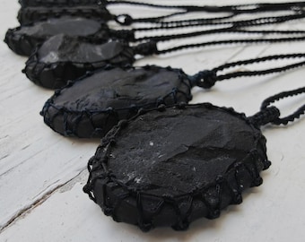 Raw Shungite Necklace for Women or Men, Energy Protection Jewelry, Macrame Black Stone Pendant, Meaningful Gifts for Him / Her