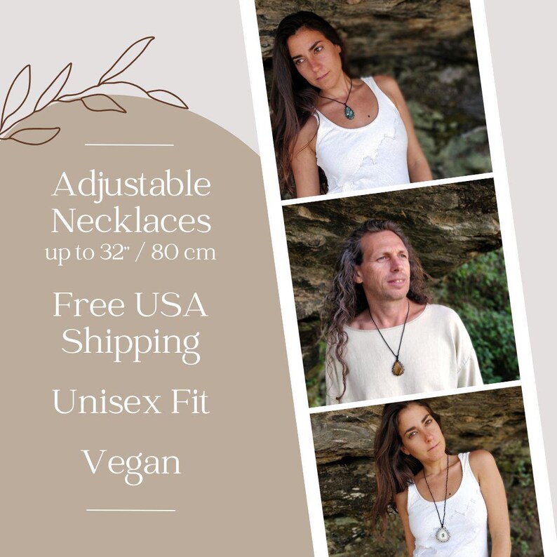 May include: The image showcases adjustable necklaces, up to 32 inches in length. The design is unisex and vegan. The image also includes three people wearing the necklaces. The background is a neutral color.
