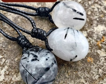 Tourmalinated Quartz Necklace- Black Tourmaline in Clear Quartz Jewelry, Good Luck Crystal Gift with Black Rutilated Quartz