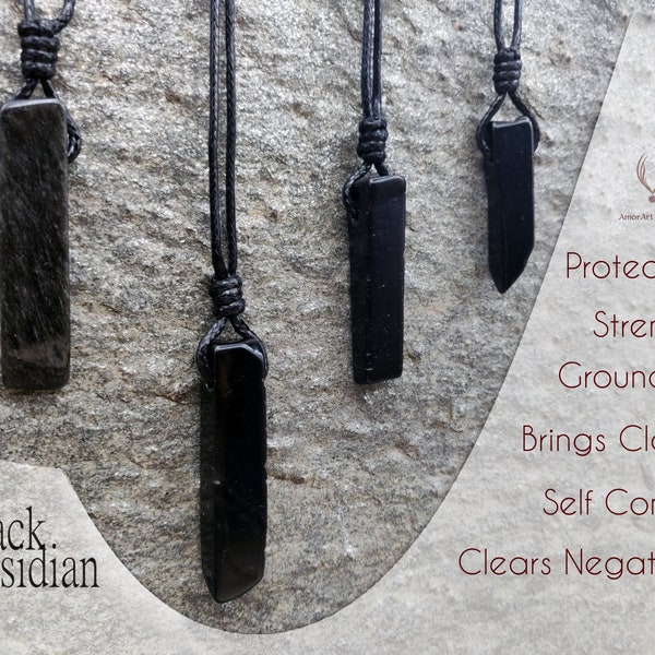 Black Obsidian Necklace, Men's Jewelry, Protection Amulet, Black Gem Pendant, Spiritual Gift for Boyfriend