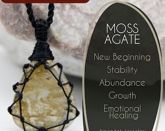 Macrame Moss Agate Necklace, Natural Gemstone Jewelry, Unique Crystal Pendant Necklace, Nature Lover Gift for Friend