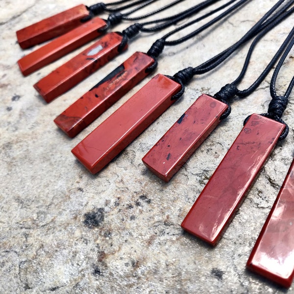 Red Jasper Necklace for Men and Women, Rectangle Stone Pendant, Black & Red Jewelry, Crystal Gift for Him / Her