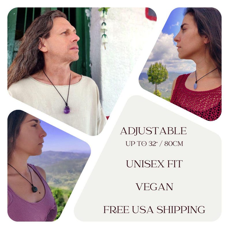 Collage showing three people wearing adjustable gemstone necklaces on black cords. Text on the left reads: "Adjustable Necklaces up to 32" / 80 cm, Free USA Shipping, Unisex Fit, Vegan." The photos demonstrate different necklace lengths and styles on both women and a man. Neutral beige design elements frame the images against a light background.