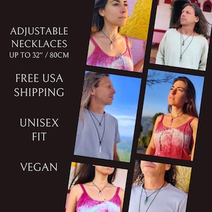 May include: A collage of images showcasing adjustable necklaces. The necklaces are displayed on various people. The text in the image reads: "ADJUSTABLE NECKLACES UP TO 32" / 80CM", "UNISEX FIT", and "VEGAN".