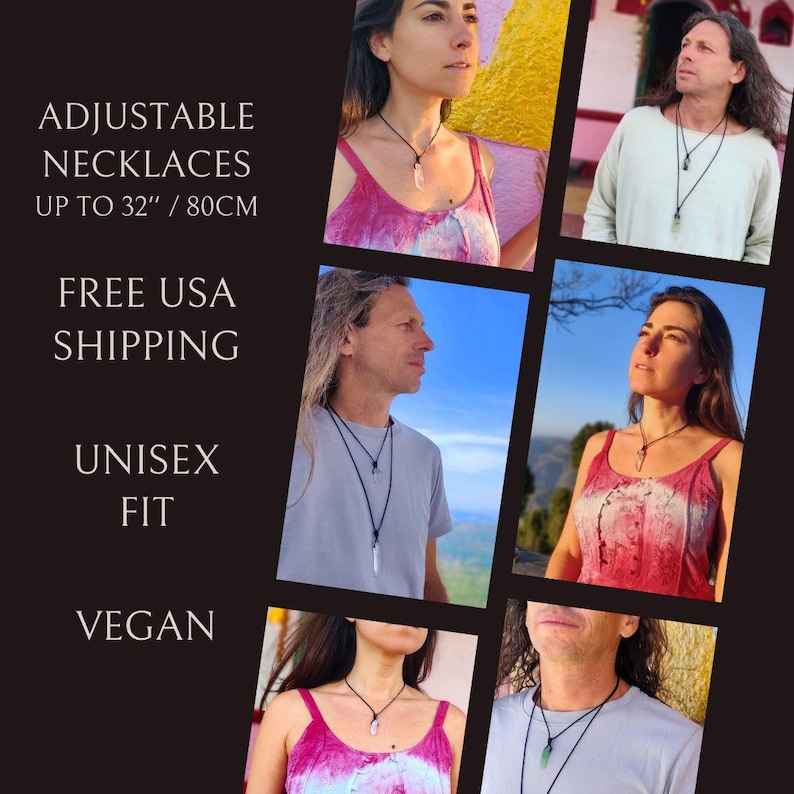 May include: A collage of images showcasing adjustable necklaces. The necklaces are displayed on various people. The text in the image reads: "ADJUSTABLE NECKLACES UP TO 32" / 80CM", "UNISEX FIT", and "VEGAN".