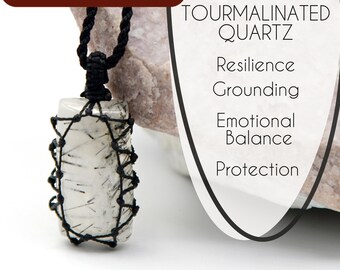 Tourmalinated Quartz Jewelry- Black Tourmaline in Quartz, Macrame Crystal Necklace, Men & Women's Negativity Protection Jewelry, Friend Gift