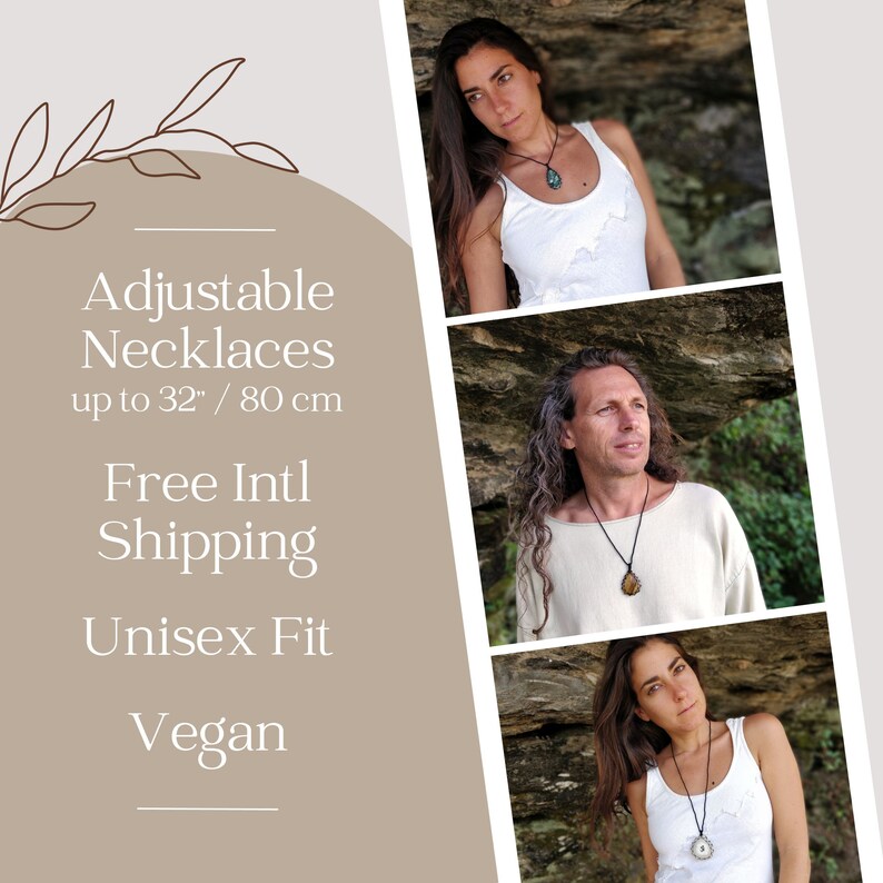 Collage showing three people wearing adjustable gemstone necklaces on black cords. Text on the left reads: "Adjustable Necklaces up to 32" / 80 cm, Free USA Shipping, Unisex Fit, Vegan." The photos demonstrate different necklace lengths and styles on both women and a man. Neutral beige design elements frame the images against a light background.