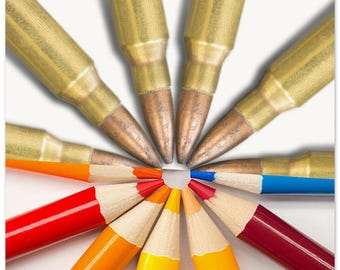 May include: A conceptual image featuring a circle of brass bullet casings surrounding a circle of colored pencils. The pencils are arranged in a rainbow of colors, with the tips pointing towards the center.