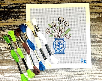 Cotton Stems in Chinoiserie Vase Needlepoint Canvas -- 13 Mesh Hand-Painted -- Charlie Bell Canvas Co.