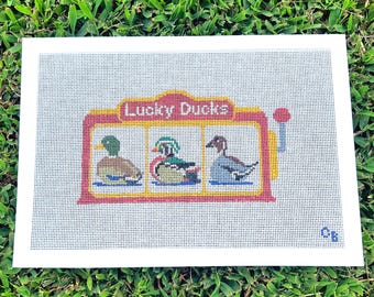 Lucky Ducks Vintage Slot Machine Needlepoint Canvas -- 18 Mesh Hand-Painted -- Charlie Bell Canvas Co.
