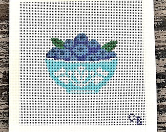 Blueberries in Vintage Bowl Needlepoint Canvas -- 13 Mesh -- Charlie Bell Canvas Co.