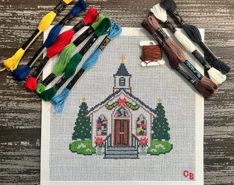 Christmas Country Church Canvas -- Hand-Painted 13 Mesh -- Charlie Bell Canvas Co.