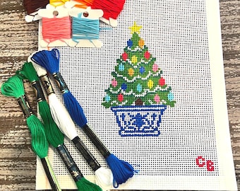Vintage Christmas Tree Needlepoint Canvas — Blue & White Planter — Hand Painted 13 Mesh — Charlie Bell Canvas Co.