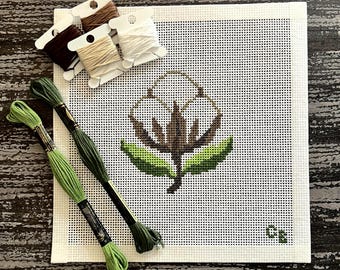 Cotton Boll Needlepoint Canvas -- Hand-Painted 13 Mesh -- Charlie Bell Canvas Co.