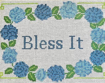 Blue Hydrangea Bless It Canvas -- 13 Mesh Hand-Painted -- Charlie Bell Canvas Co.