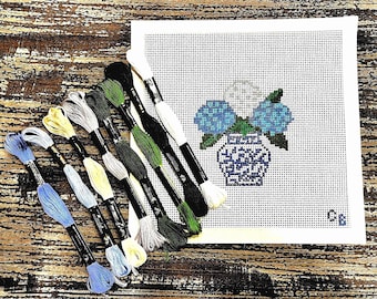 Blue Hydrangea Chinoiserie Needlepoint Canvas -- 13 Mesh Hand-Painted -- Charlie Bell Canvas Co.