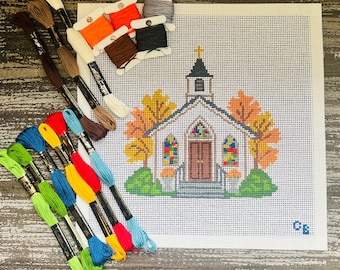 Southern Country Church Canvas -- Fall Foliage — Hand-Painted 13 Mesh -- Charlie Bell Canvas Co.