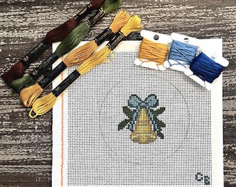 Vintage Golden Bell Needlepoint Canvas — Christmas Ornament  — 13 Mesh Hand-Painted -- Charlie Bell Canvas Co.