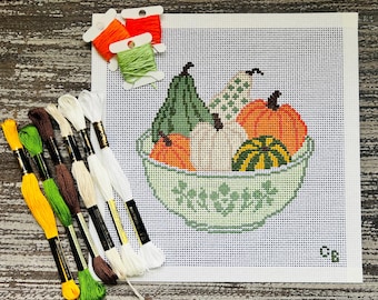 Fall Pumpkins and Gourds in Vintage Bowl Needlepoint Canvas -- 13 Mesh -- Charlie Bell Canvas Co.