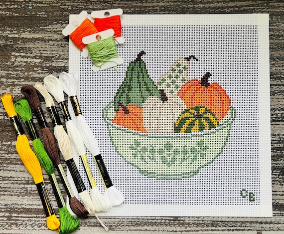 Fall Pumpkins and Gourds in Vintage Bowl Needlepoint Canvas -- 13 Mesh -- Charlie Bell Canvas Co.