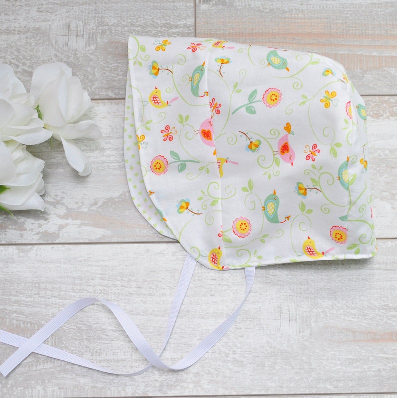 Rose and Ruffle Modern Fit Sun Bonnet Sun Hat Size 12-24 READY to SHIP Whimsical Birds Birdies Cotton Reversible Baby Bonnet