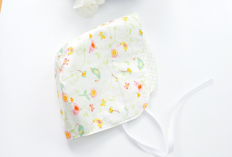 Rose and Ruffle Modern Fit Sun Bonnet Sun Hat Size 12-24 READY to SHIP Whimsical Birds Birdies Cotton Reversible Baby Bonnet