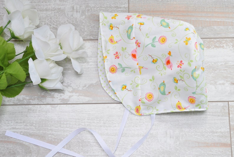 Rose and Ruffle Modern Fit Sun Bonnet Sun Hat Size 12-24 READY to SHIP Whimsical Birds Birdies Cotton Reversible Baby Bonnet