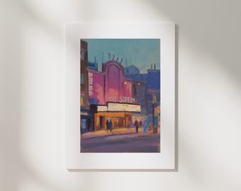 Vintage Cinema Art Print | Impressionist Street Oil Painting, Neon Signage Pink & Purple