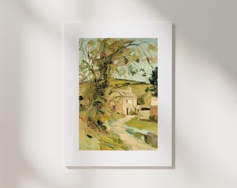 Countryside Cottage Art Print | Post-Impressionist Landscape, Earthy Yellow, Green, Ochre