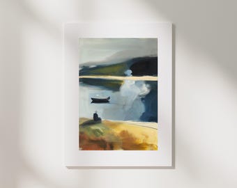 Abstract Lake Landscape Art Print | Scandi Style, Grey Blue Green & Ochre Tones