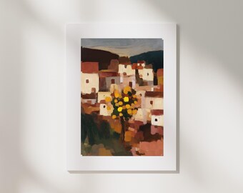 Mediterranean Hillside Village Landscape Print | Earthy Palette Geometric Terracotta Houses
