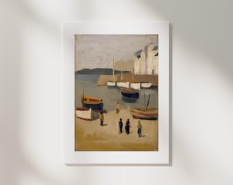 Coastal Harbor Art Print | Impressionist Small Boats, Muted Tones